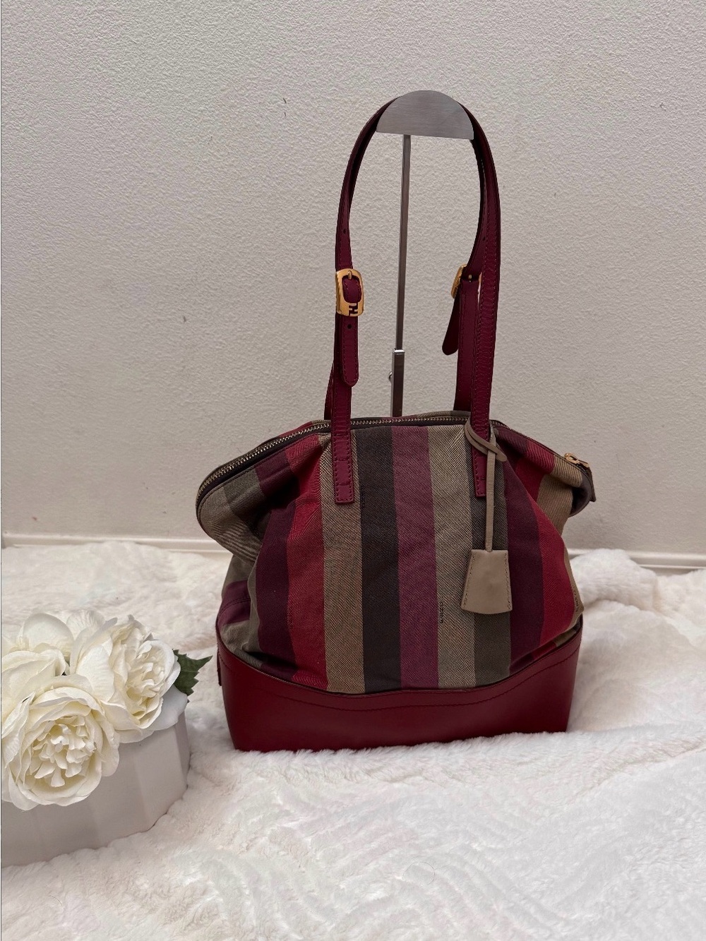 Fendi Pequin Bucket Red Bag with Leather Trim w/COA
